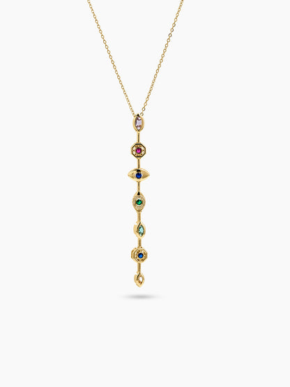 Miray Multi Diamond Color Stone Y-Shape 18K Gold Plated Women's Chain Pendant Necklace