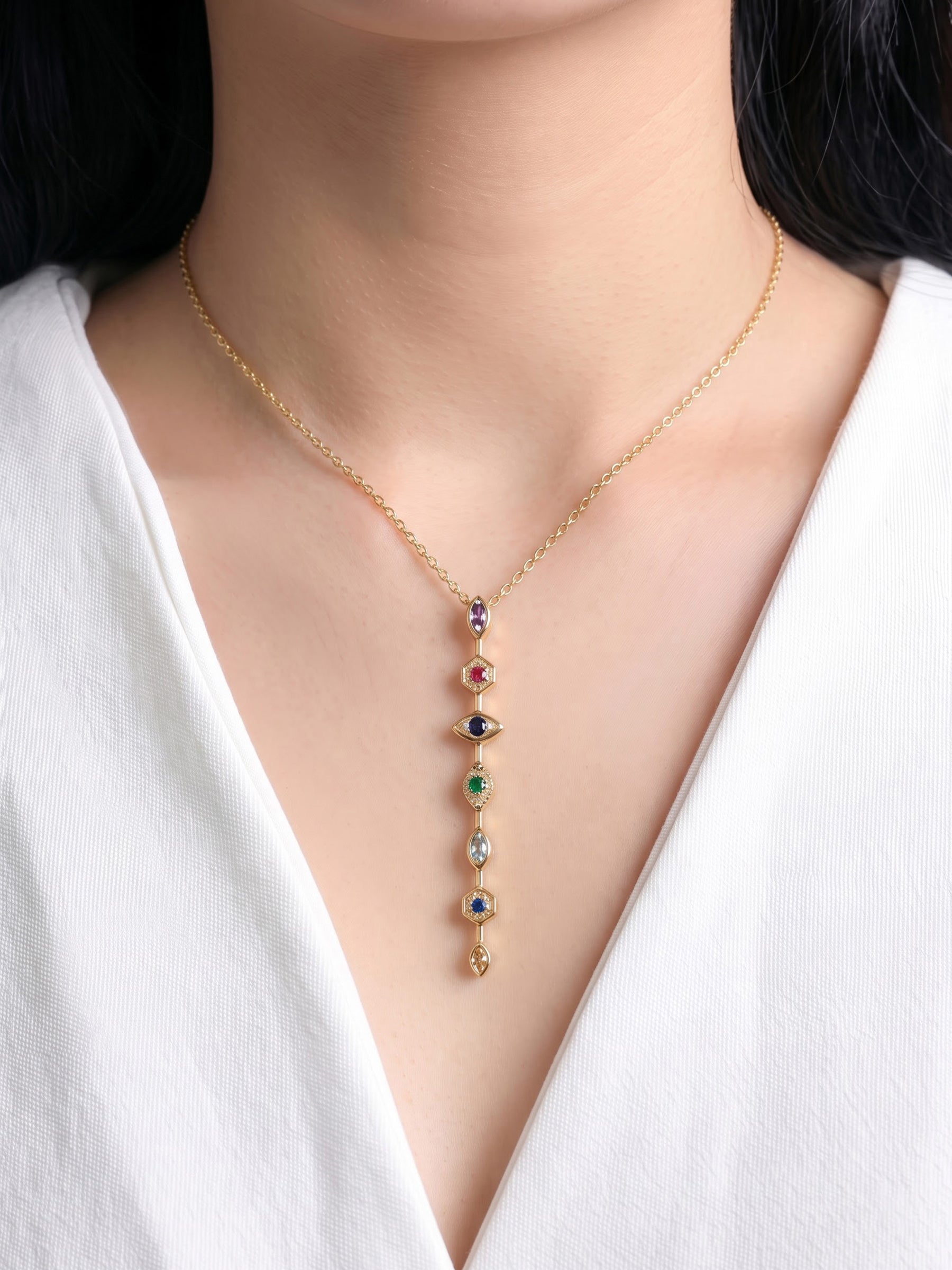 Miray Multi Diamond Color Stone Y-Shape 18K Gold Plated Women's Chain Pendant Necklace