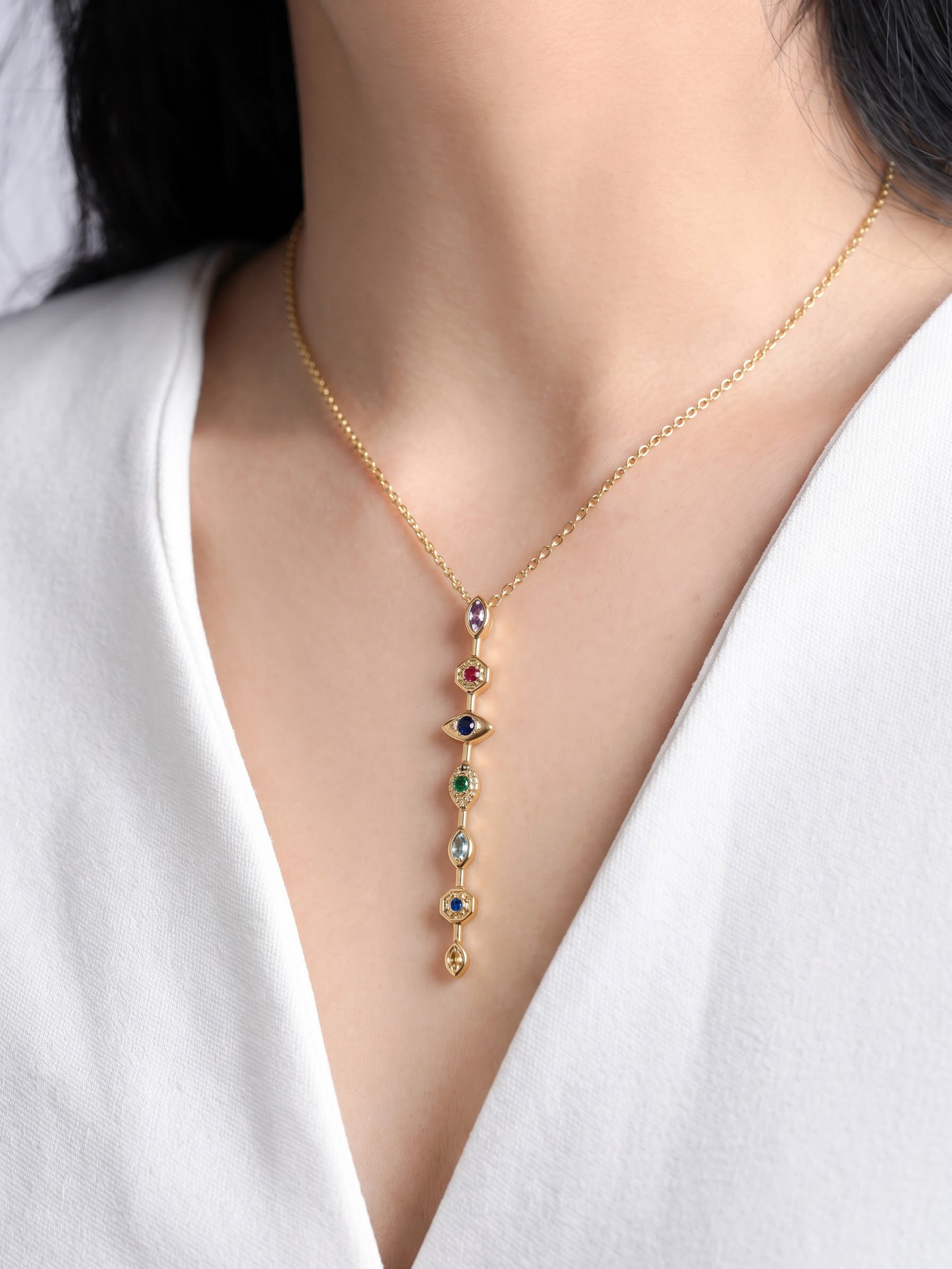 Miray Multi Diamond Color Stone Y-Shape 18K Gold Plated Women's Chain Pendant Necklace