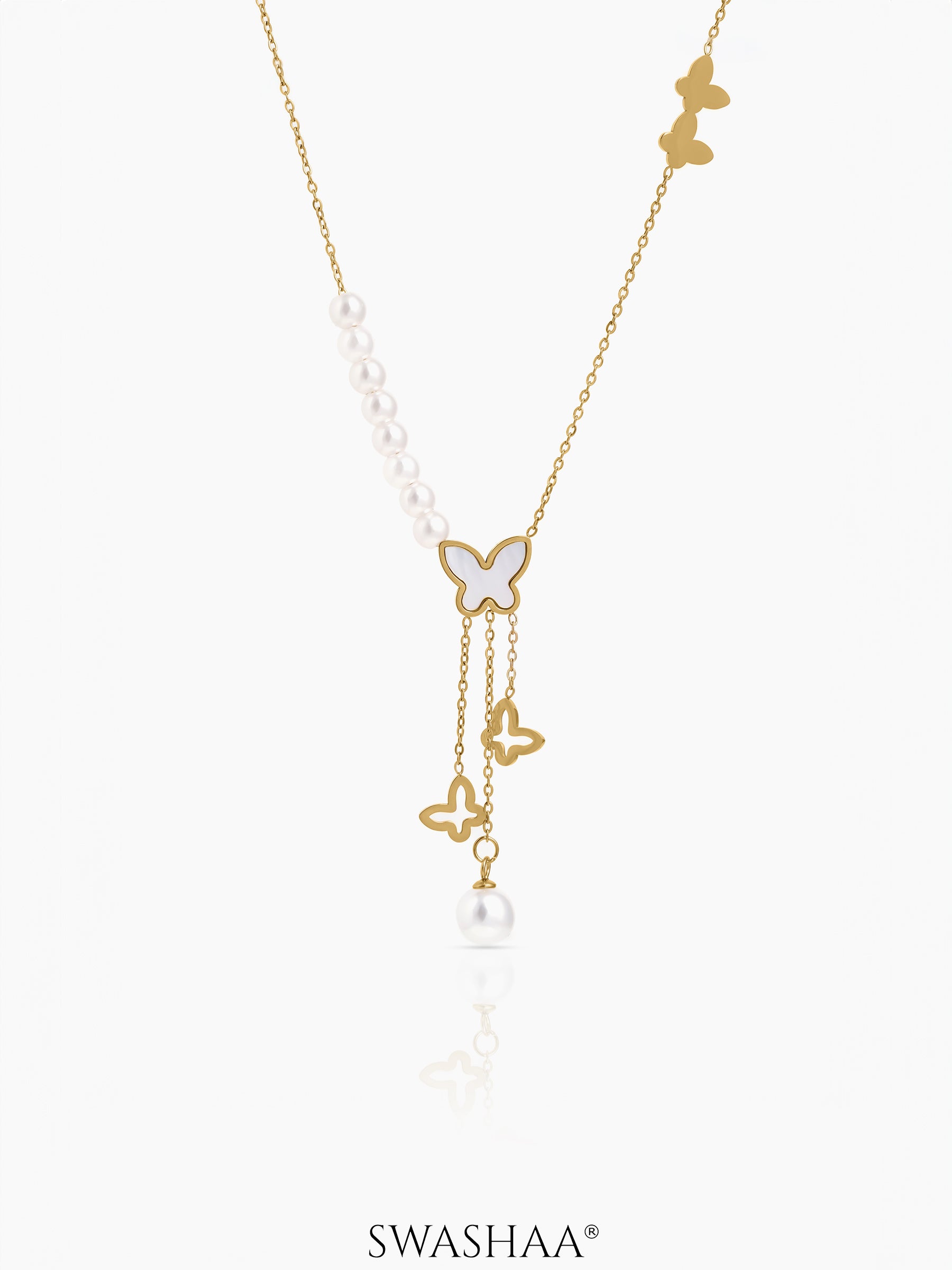 Mireya Butterfly Pearl Charms Y- Shaped 18K Gold Plated Necklace
