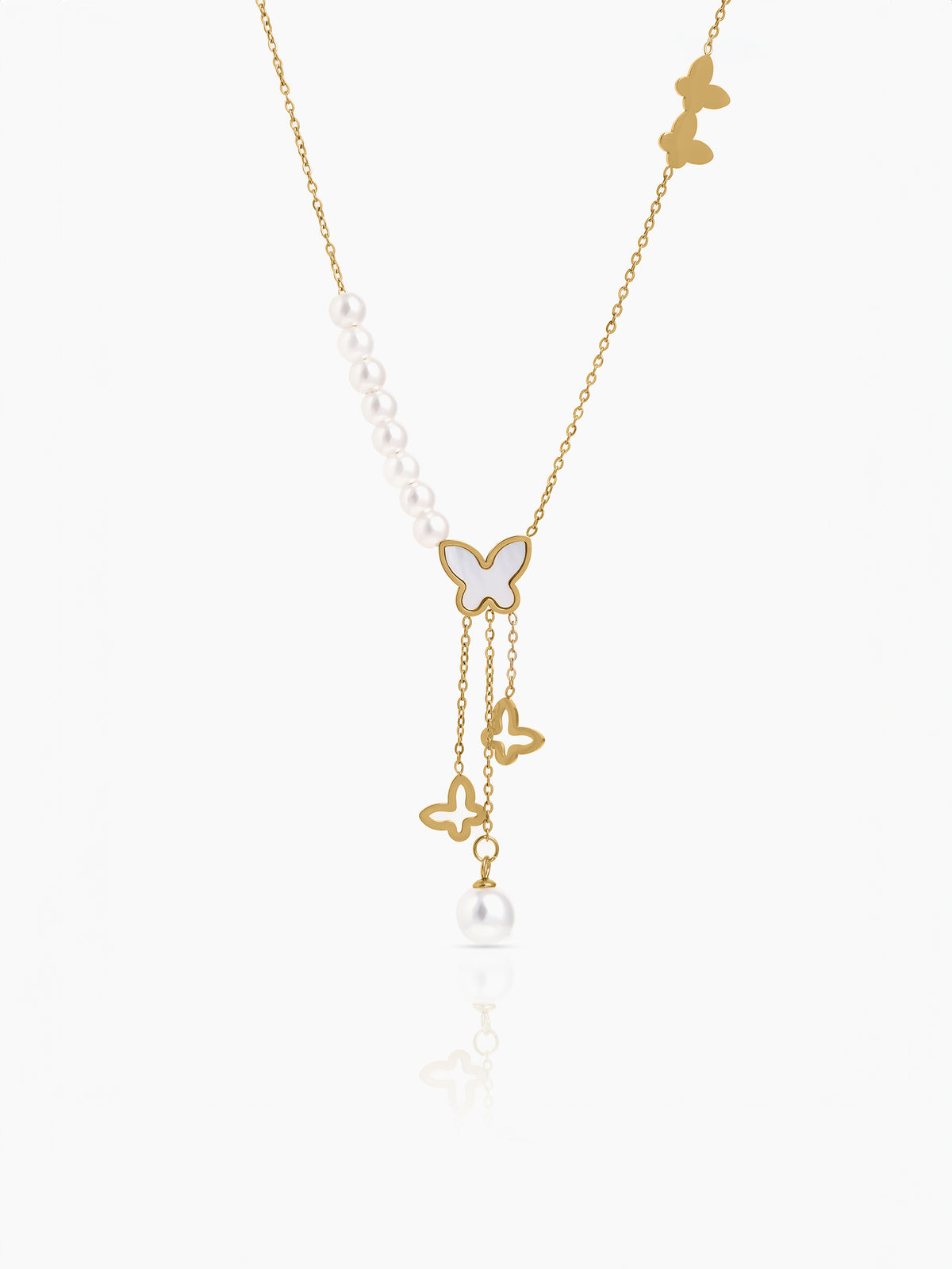 Mireya Butterfly Pearl Charms Y- Shaped 18K Gold Plated Necklace
