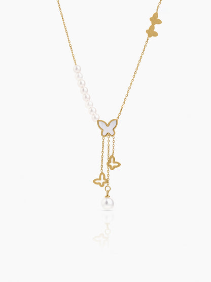 Mireya Butterfly Pearl Charms Y- Shaped 18K Gold Plated Necklace