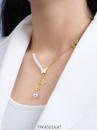 Mireya Butterfly Pearl Charms Y- Shaped 18K Gold Plated Necklace
