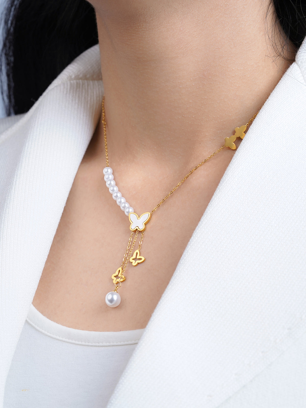 Mireya Butterfly Pearl Charms Y- Shaped 18K Gold Plated Necklace