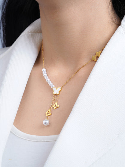 Mireya Butterfly Pearl Charms Y- Shaped 18K Gold Plated Necklace