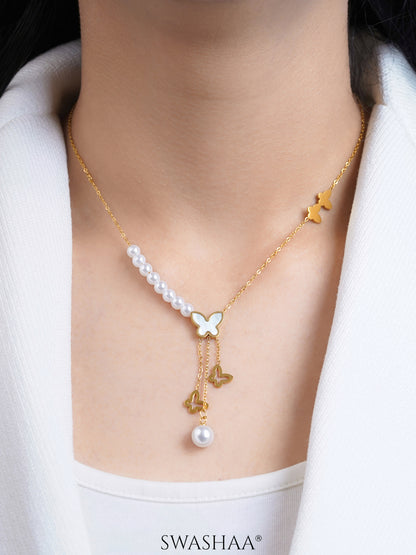 Mireya Butterfly Pearl Charms Y- Shaped 18K Gold Plated Necklace