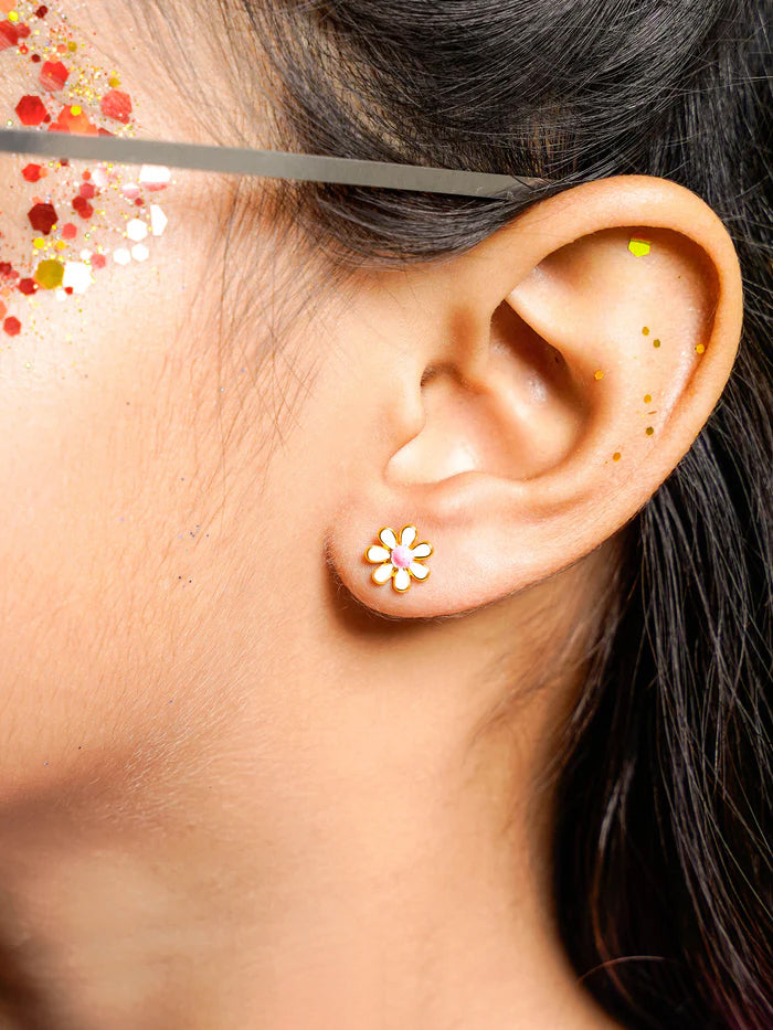 Miss White Flower Charm 18K Gold Plated Kid's Stud Earrings
