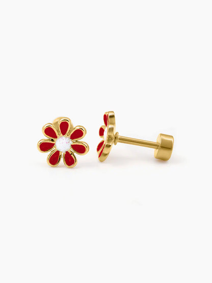 Miss Red Flower Charm 18K Gold Plated Kid's Stud Earrings