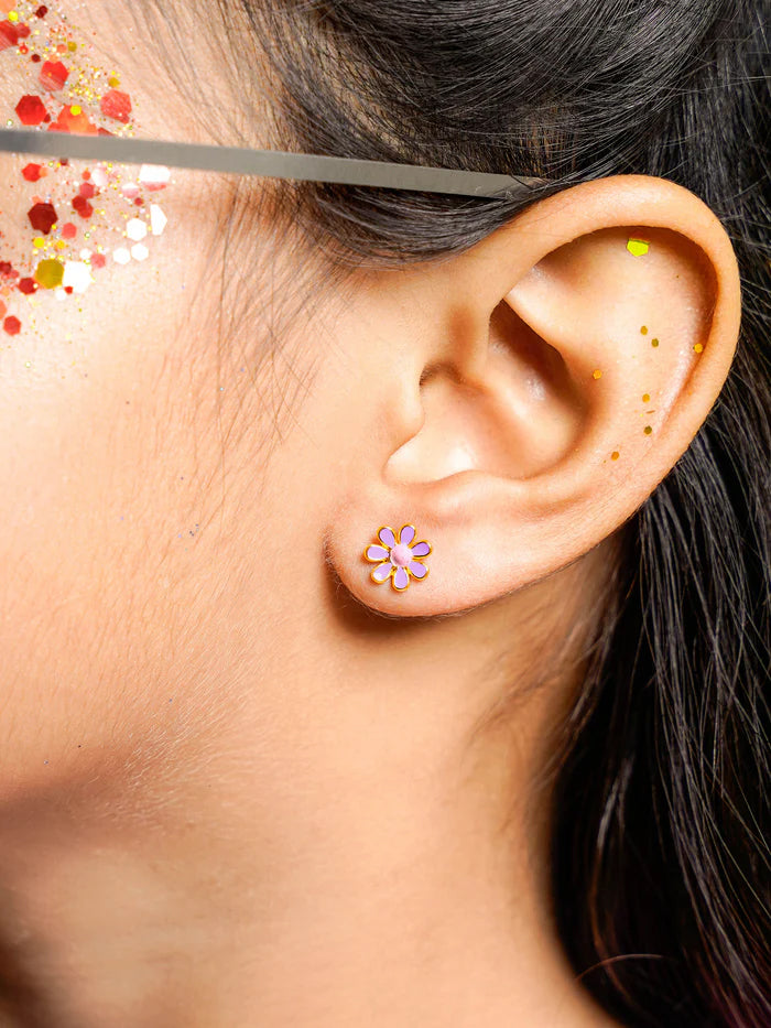 Miss Purple Flower Charm 18K Gold Plated Kid's Stud Earrings