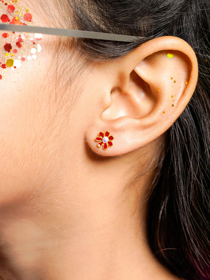 Miss Red Flower Charm 18K Gold Plated Kid's Stud Earrings