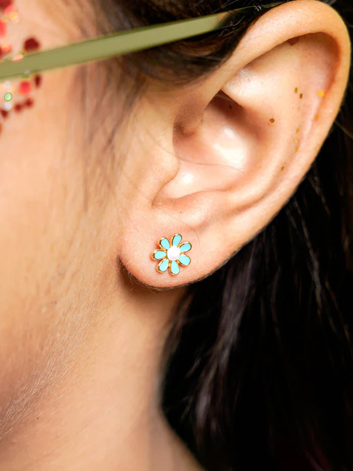 Miss Sky Blue Flower Charm 18K Gold Plated Kid's Stud Earrings