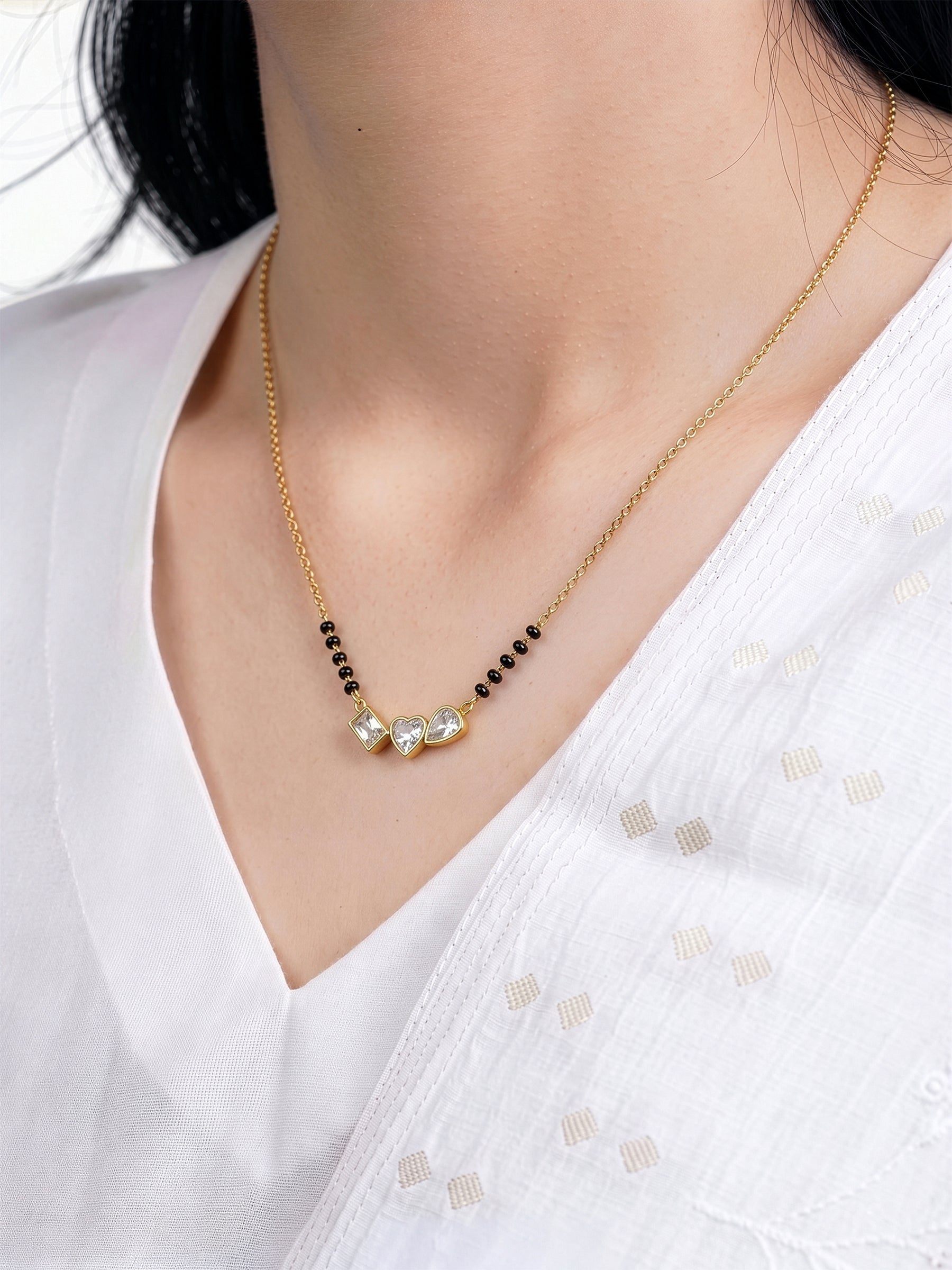 Miva Trio Diamond Solitaire CZ Stones Heart Charm Rectangular Shape Pear Shape Cluster 18K Gold Plated Mangalsutra