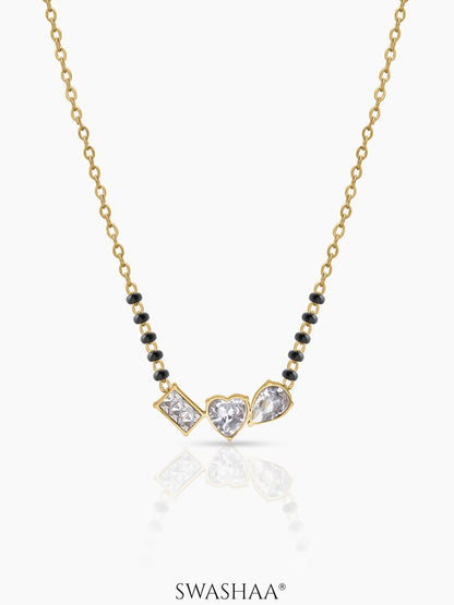 Miva Trio Diamond Solitaire CZ Stones Heart Charm Rectangular Shape Pear Shape Cluster 18K Gold Plated Mangalsutra