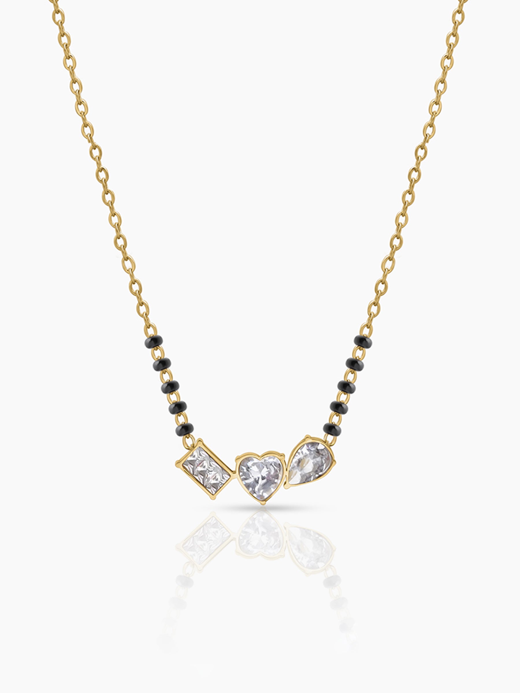 Miva Trio Diamond Solitaire CZ Stones Heart Charm Rectangular Shape Pear Shape Cluster 18K Gold Plated Mangalsutra