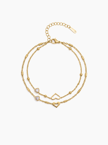 Moilly Diamond Heart Beaded Charms 18K Gold Plated Women's Layered Anklet 