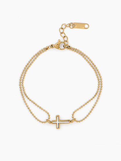 Monira Cross Charm 18K Gold Plated Beaded Women's Loose Layered Double Chain Bracelet