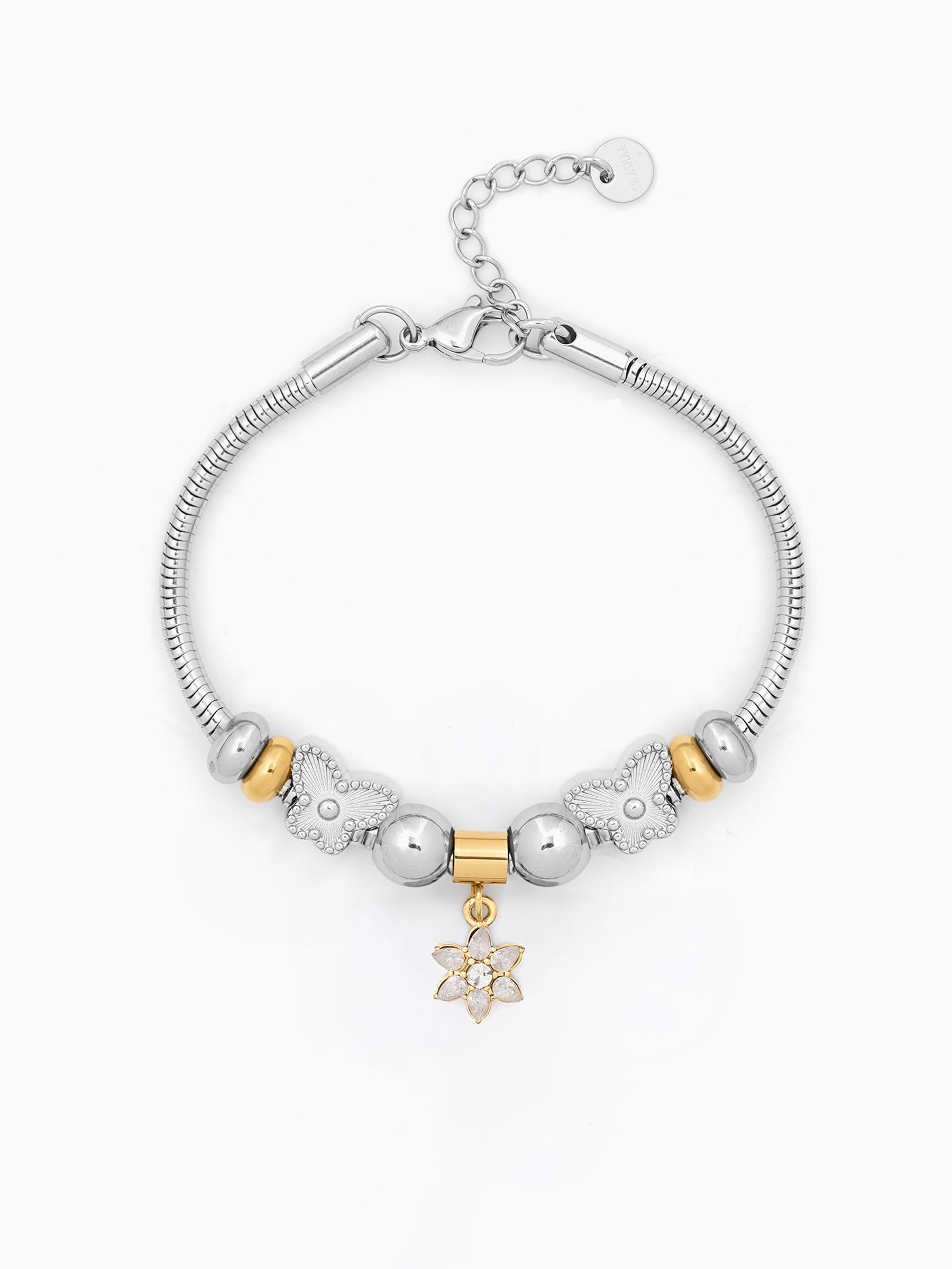 Monvera Floral Flower Butterfly Beads Motif Charm Two-Tone Women's Loose Chain Bracelet