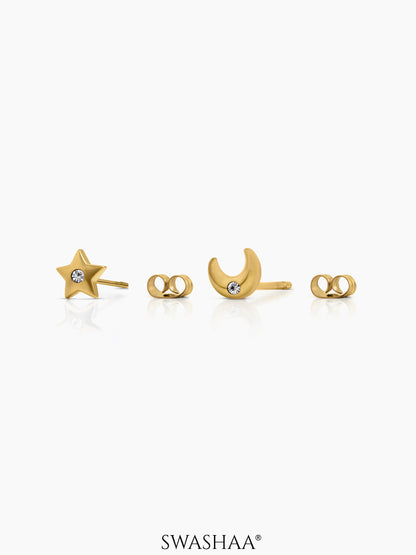 Moon Star Spark 18K Gold Plated Stud Earrings