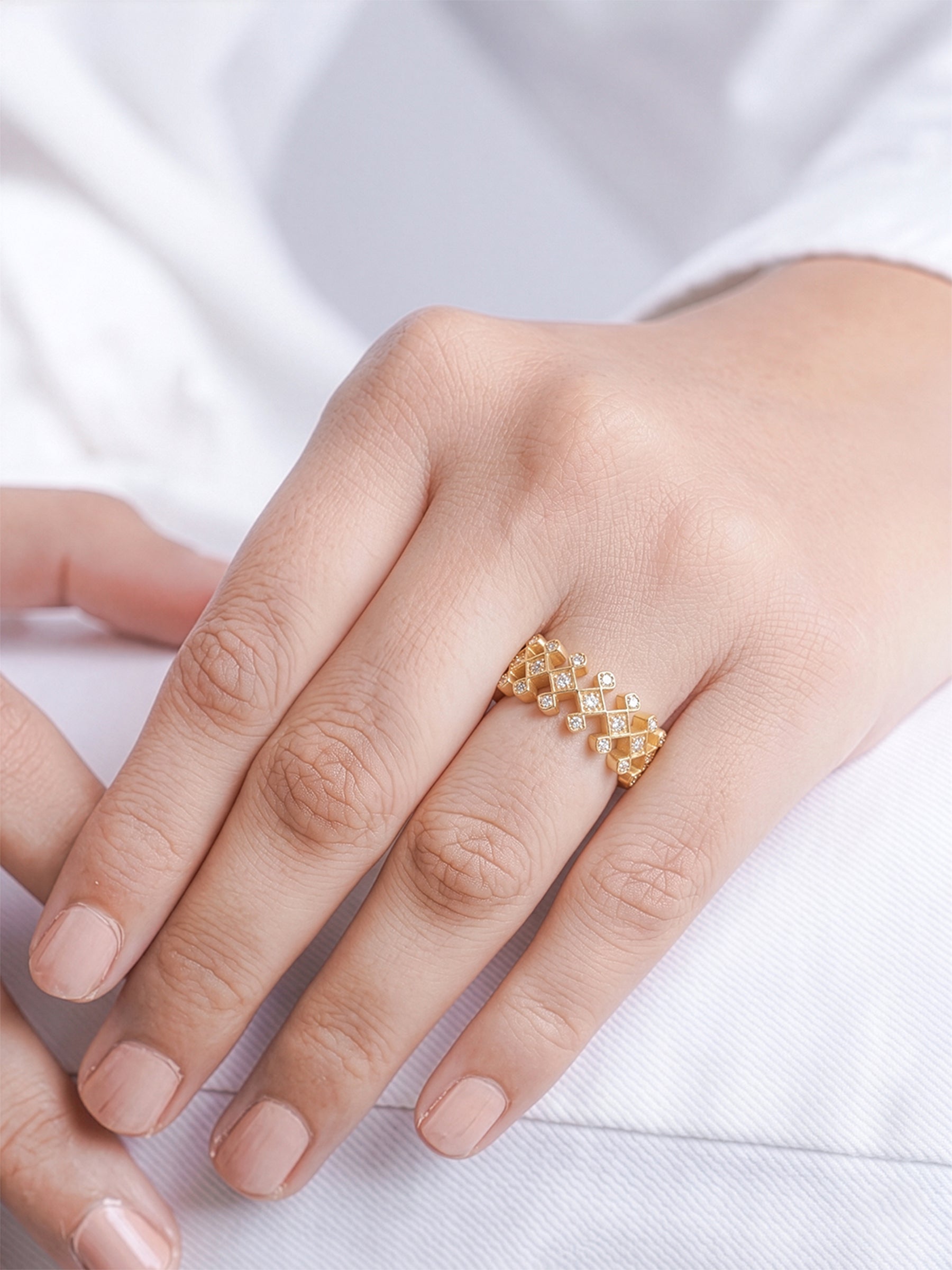 Naima Geomatric Crown Lattice Diamond 18K Gold Plated Ring