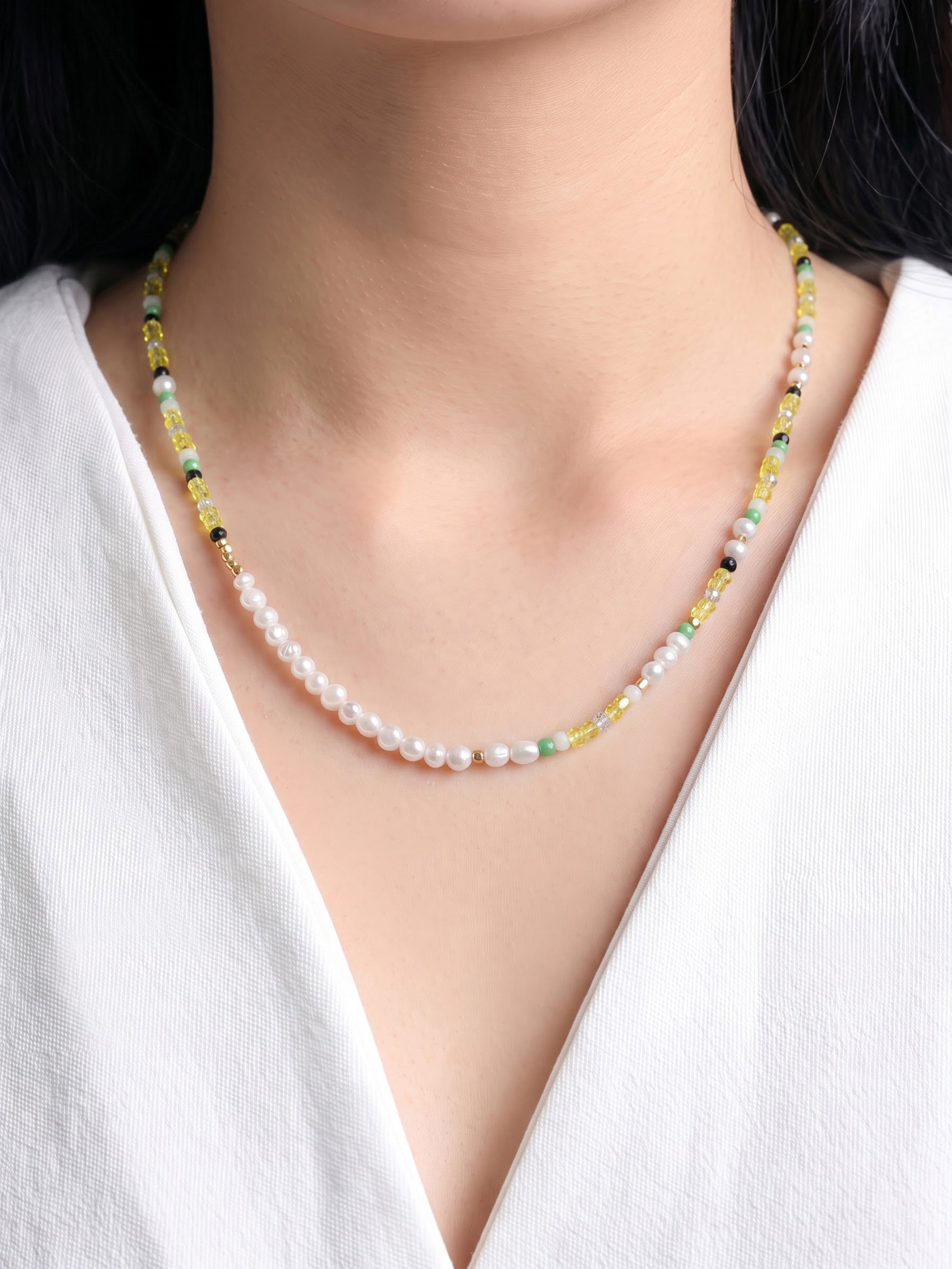 Napa Yellow Black Green Mint Crystals White Pearl 18K Gold Plated Necklace