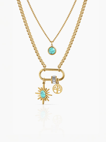 Nara Turquoise Sunburn Charms 18K Gold Plated Layered Necklace