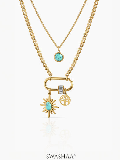 Nara Turquoise Sunburn Charms 18K Gold Plated Layered Necklace