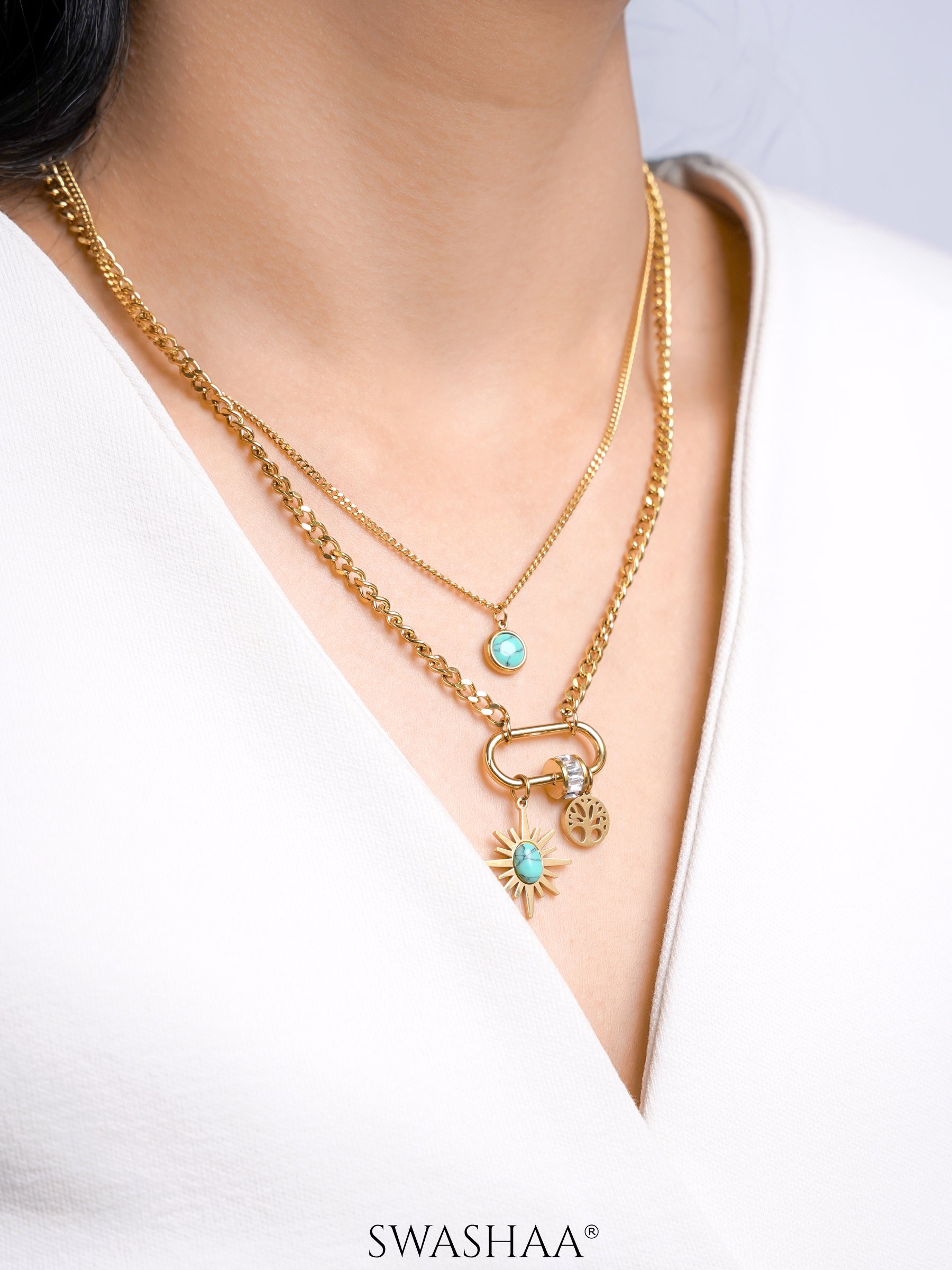 Nara Turquoise Sunburn Charms 18K Gold Plated Layered Necklace