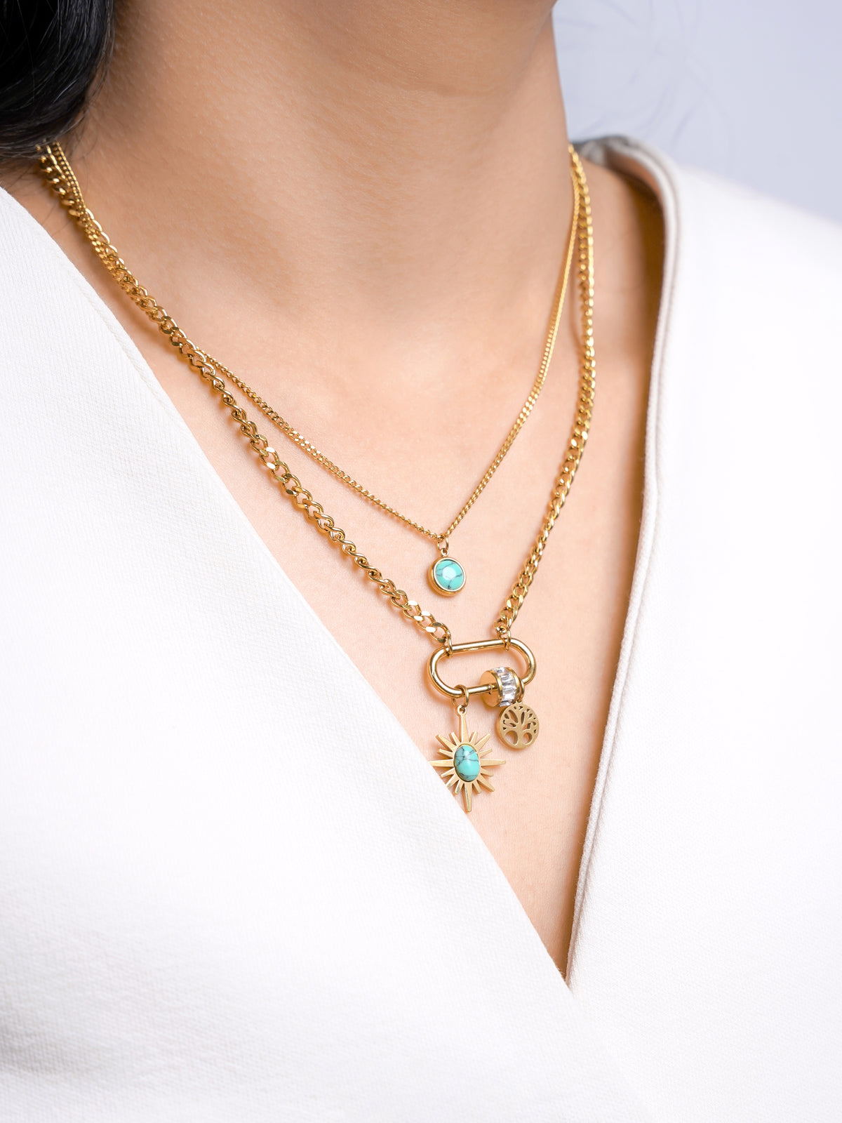 Nara Turquoise Sunburn Charms 18K Gold Plated Layered Necklace