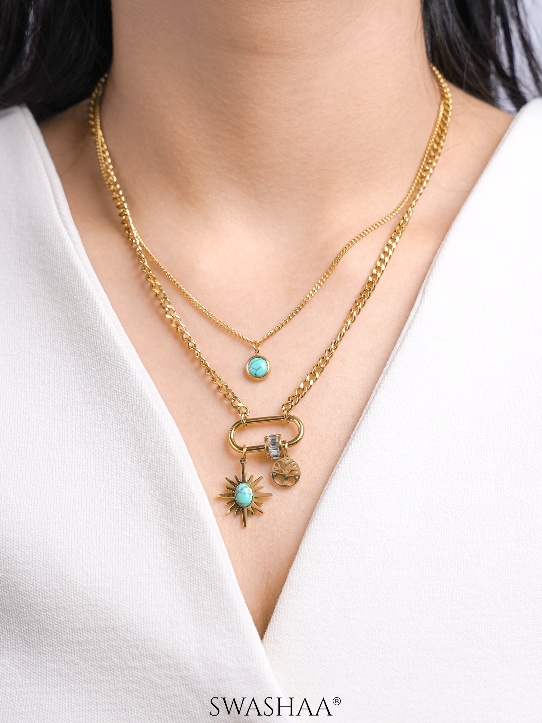 Nara Turquoise Sunburn Charms 18K Gold Plated Layered Necklace