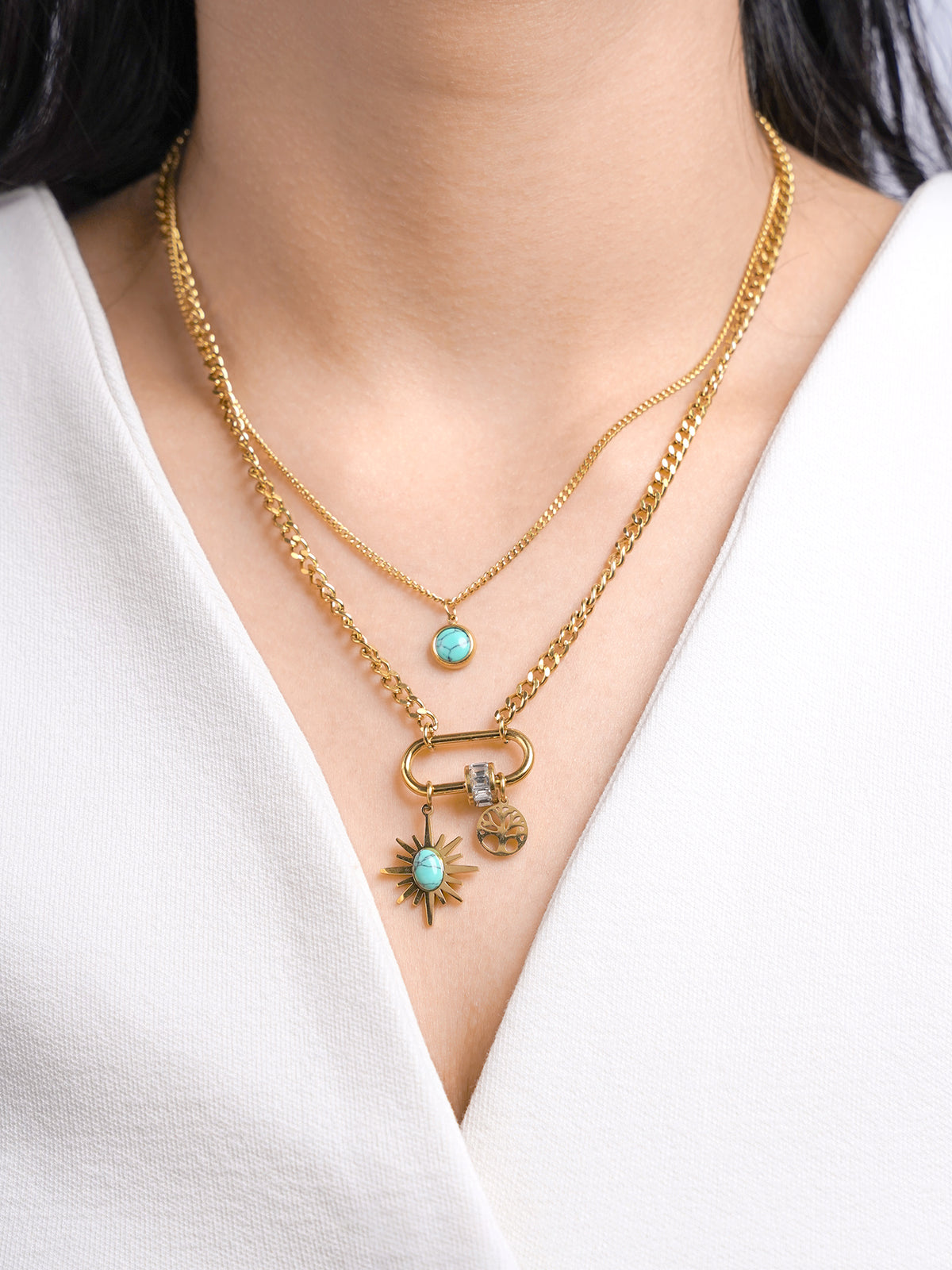 Nara Turquoise Sunburn Charms 18K Gold Plated Layered Necklace