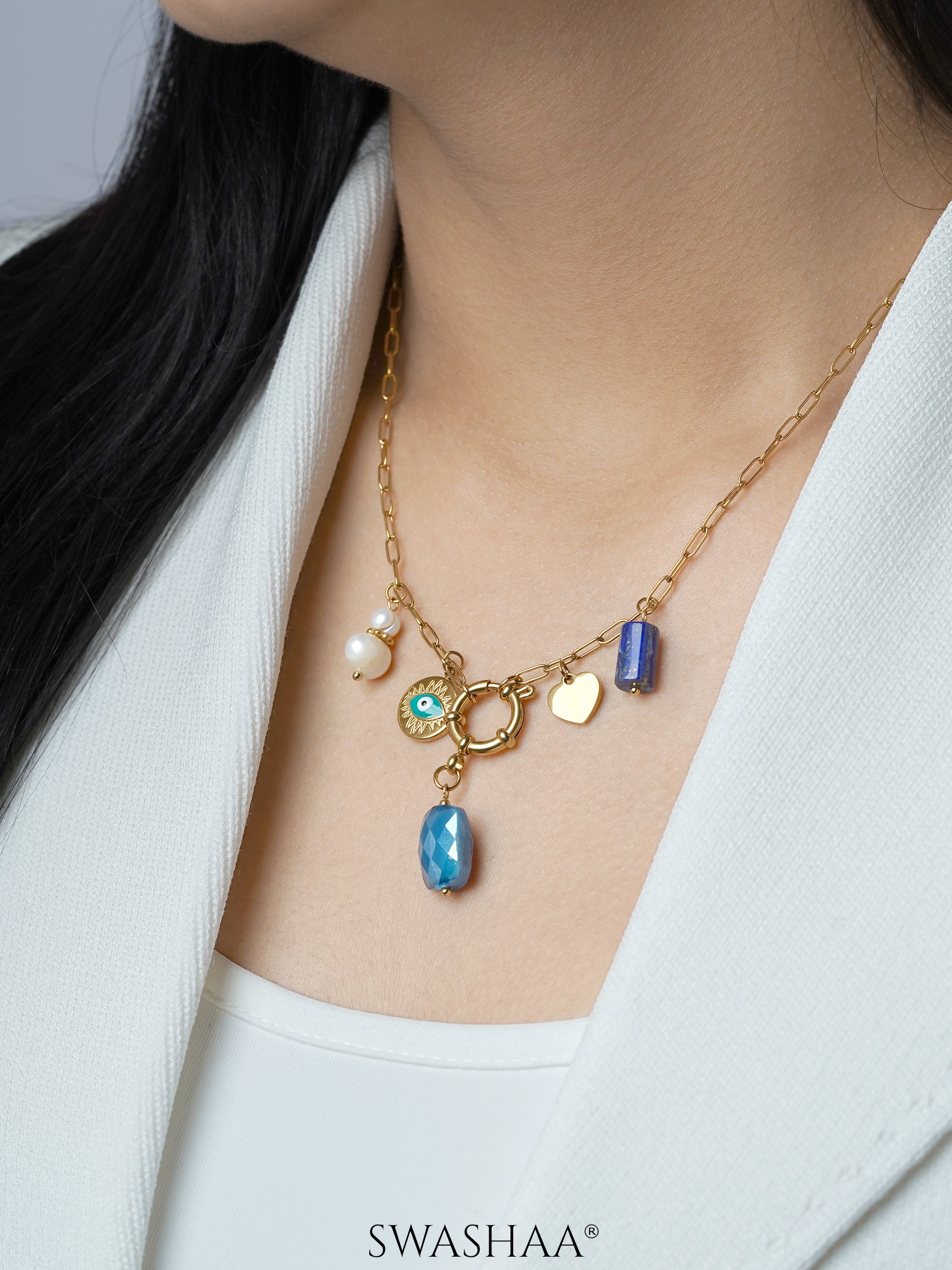 Narla Heart Pearls Evil Eye Lapis Charms 18K Gold Plated Necklace