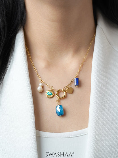 Narla Heart Pearls Evil Eye Lapis Charms 18K Gold Plated Necklace