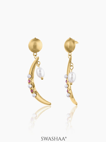 Nash Crescent Pearls Pink Stones Dangling Oval Drop 18K Gold Plated Drop Earrings