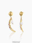 Nash Crescent Pearls Pink Stones Dangling Oval Drop 18K Gold Plated Drop Earrings