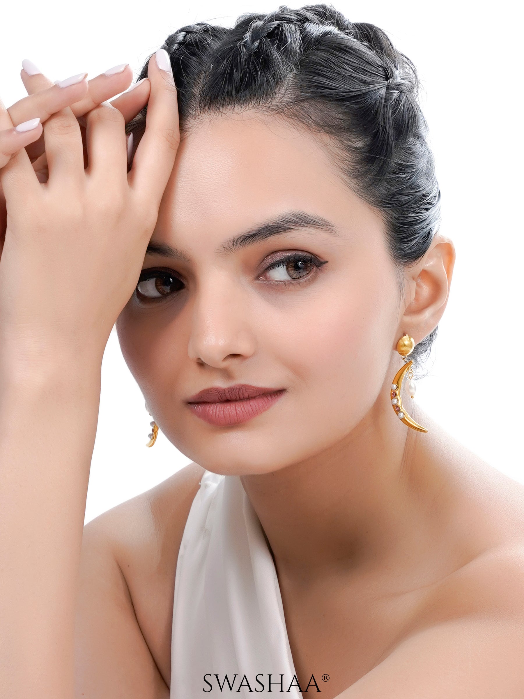 Nash Crescent Pearls Pink Stones Dangling Oval Drop 18K Gold Plated Drop Earrings