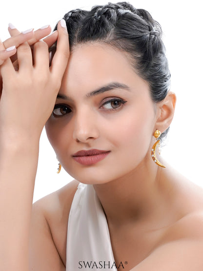 Nash Crescent Pearls Pink Stones Dangling Oval Drop 18K Gold Plated Drop Earrings