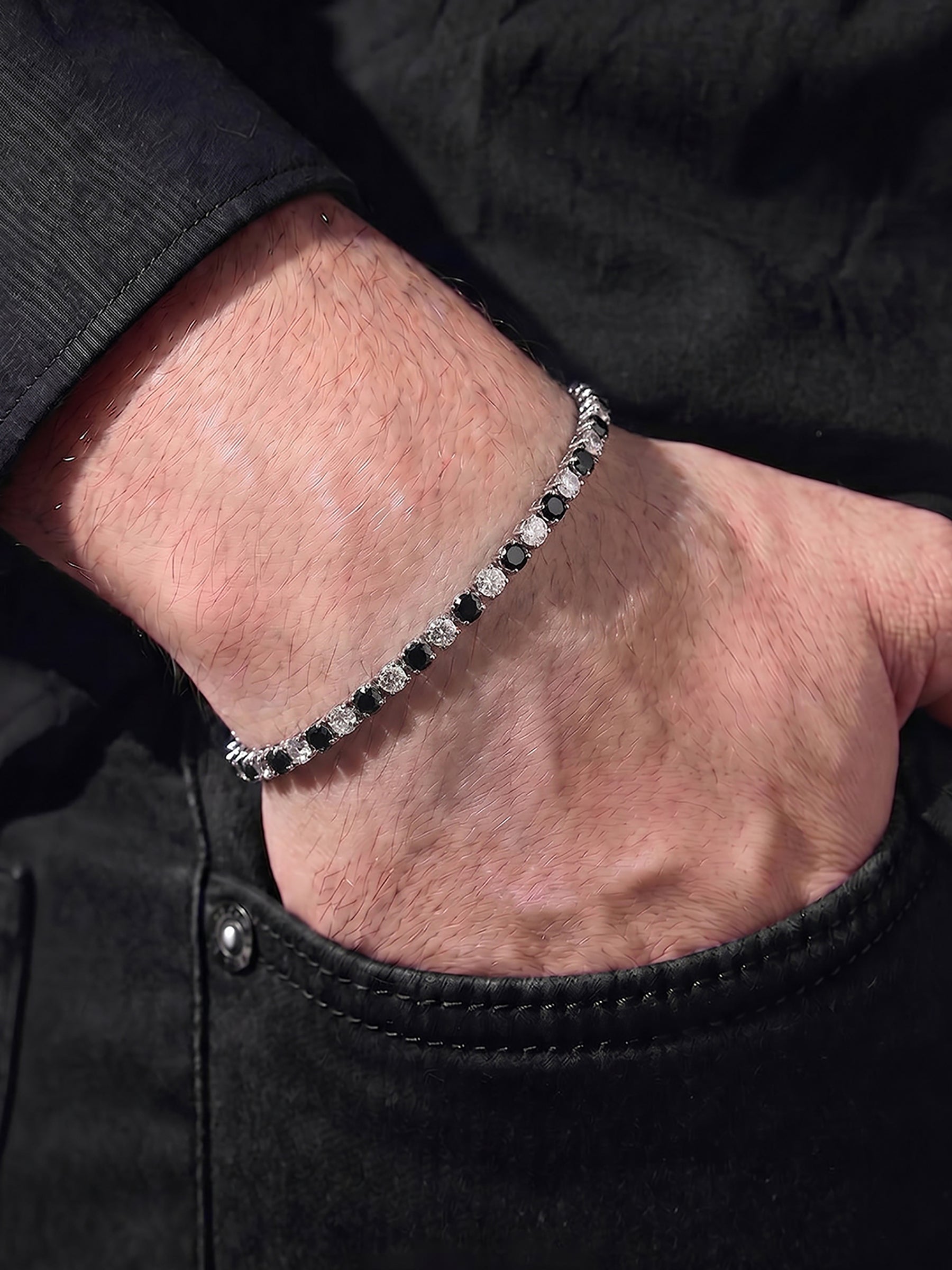 Navera Black Silver Diamond Men's Tennis Loose Bracelet