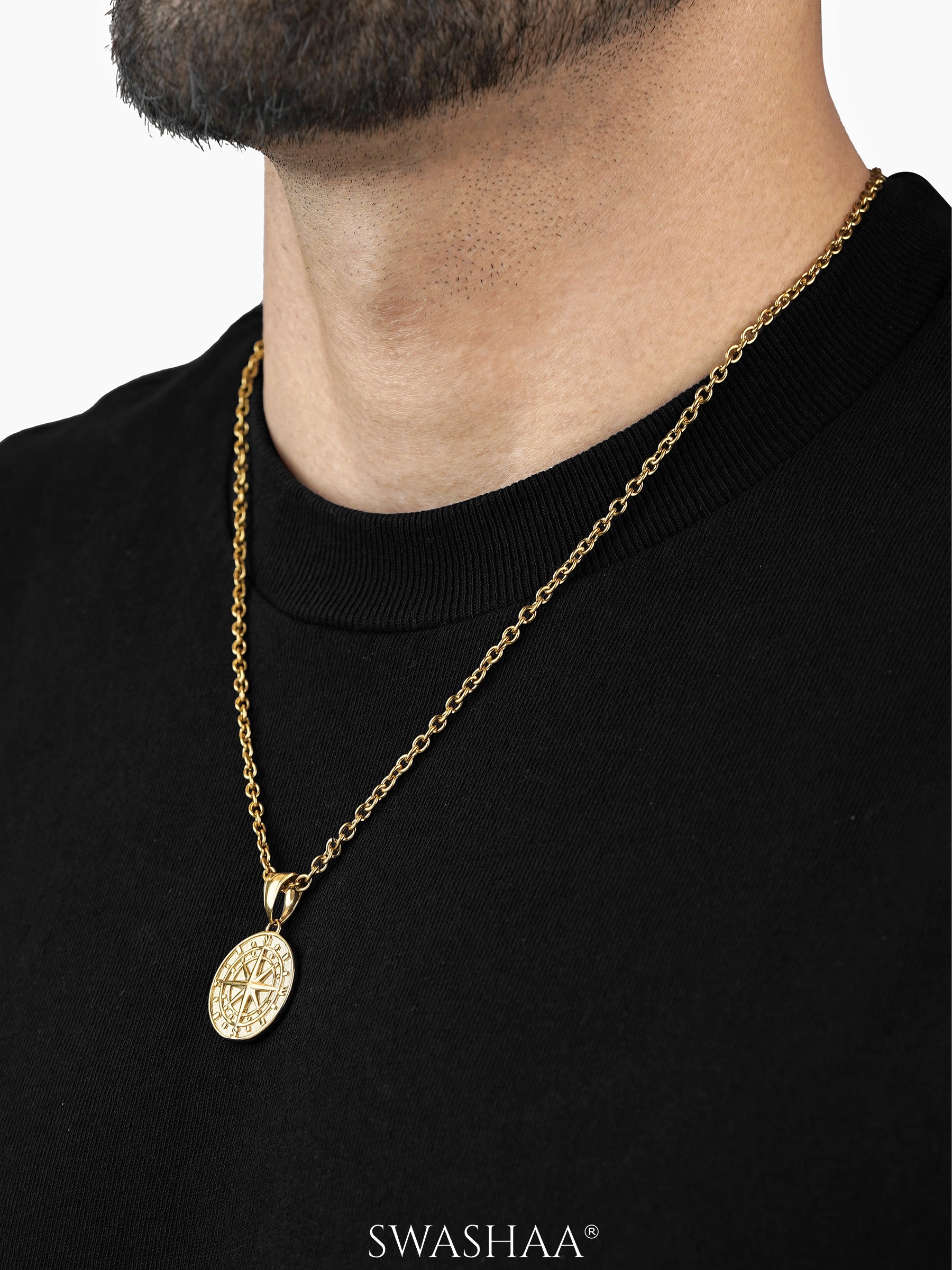 Navir Trail Compass 18K Gold Plated Men's Chain Pendant