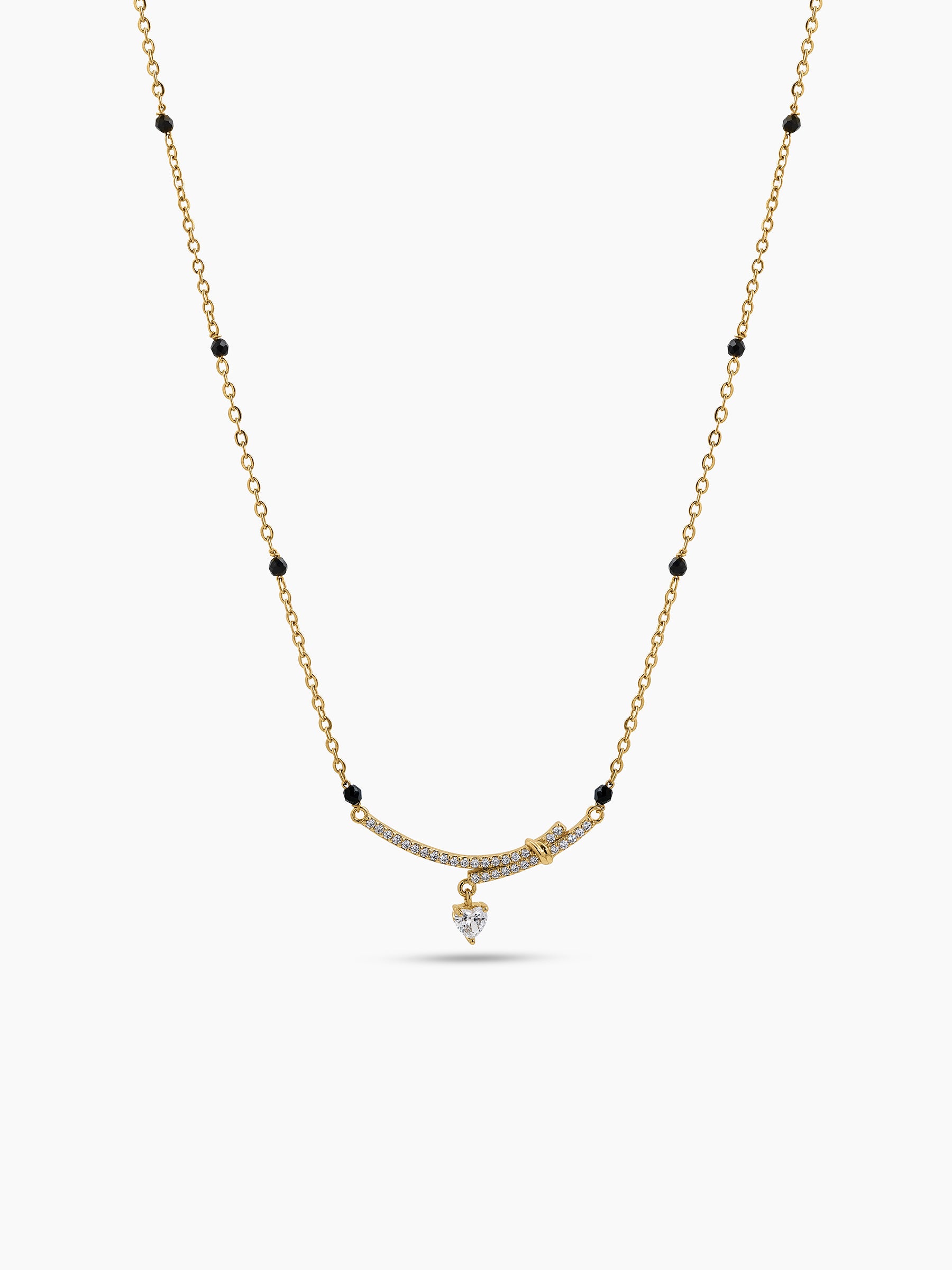 Nerika Heart Curve Diamond Solitaire Drop Bar 18K Gold Plated Women's Chain Pendant Mangalsutra Necklace