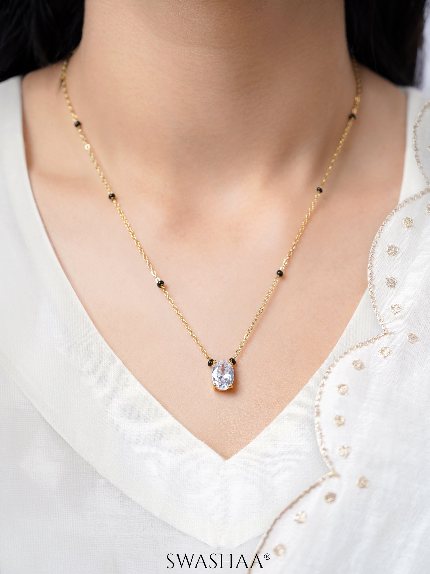 Nirvi Oval Diamond Solitaire 18K Gold Plated Mangalsutra