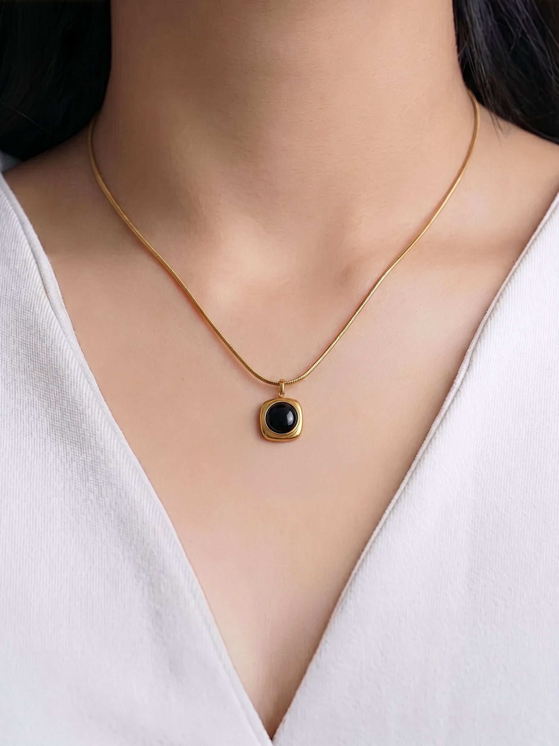 Noir Black Halo Textured Pendant Black Stone Center On a Sleek Chain Pendant Women's Necklace