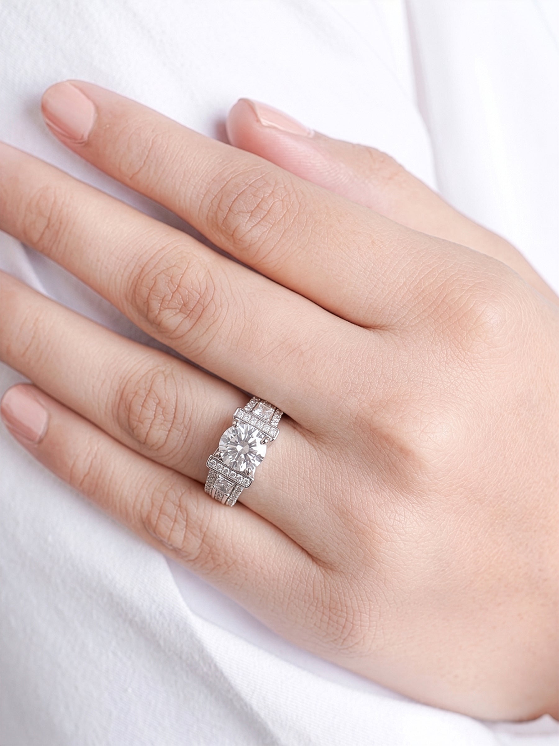 Noor Round Square-Cut Silver Diamond Solitaire Women's Ring