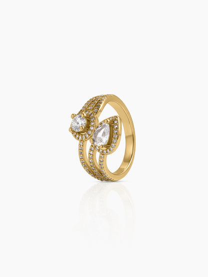 Norela Diamond Soltaire Pear Round - Cut Pave Line Halo Layered Crossover 18K Gold Plated Women's Ring