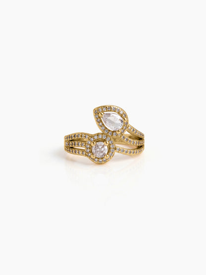 Norela Diamond Soltaire Pear Round - Cut Pave Line Halo Layered Crossover 18K Gold Plated Women's Ring
