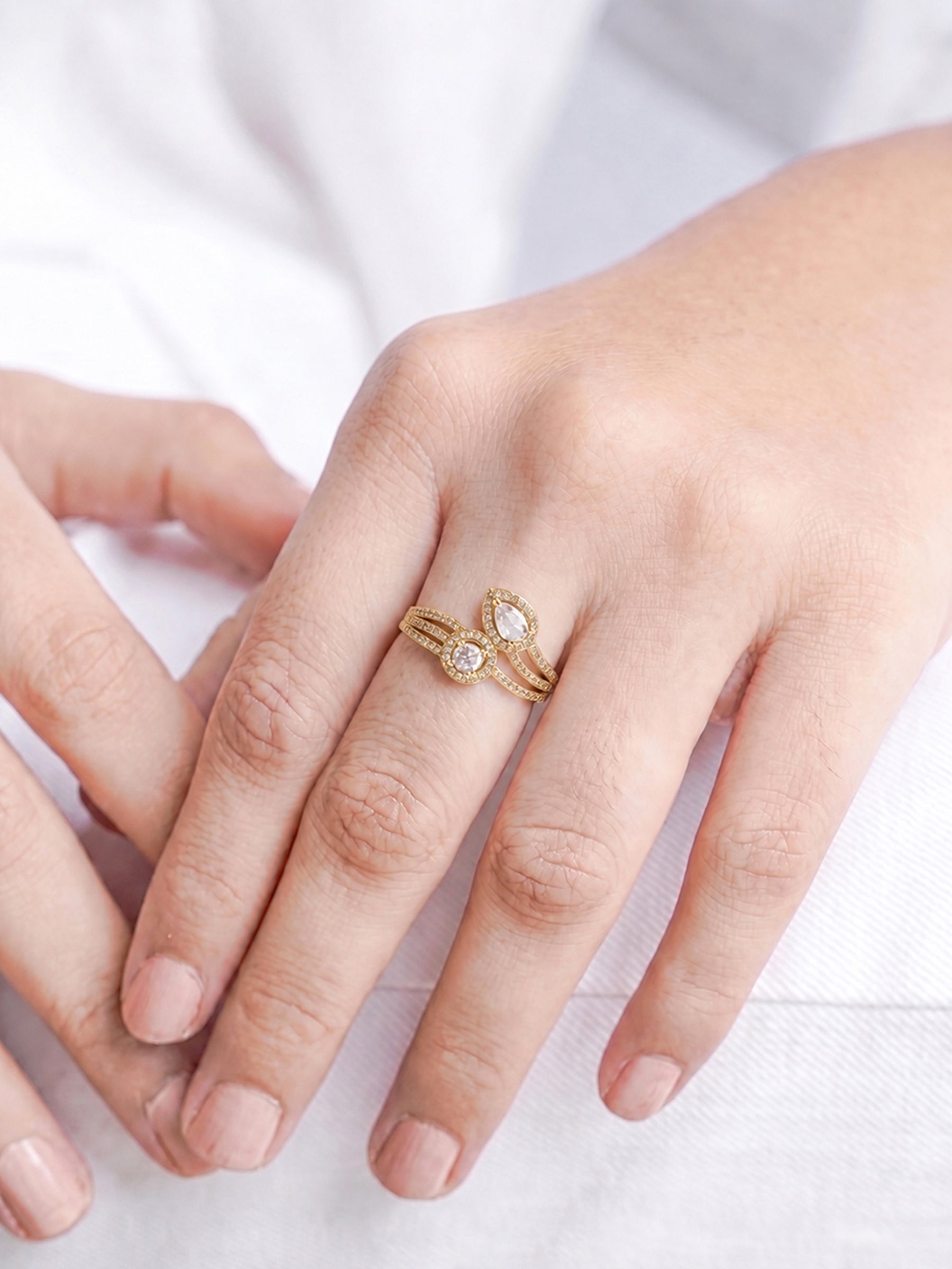 Norela Diamond Soltaire Pear Round - Cut Pave Line Halo Layered Crossover 18K Gold Plated Women's Ring