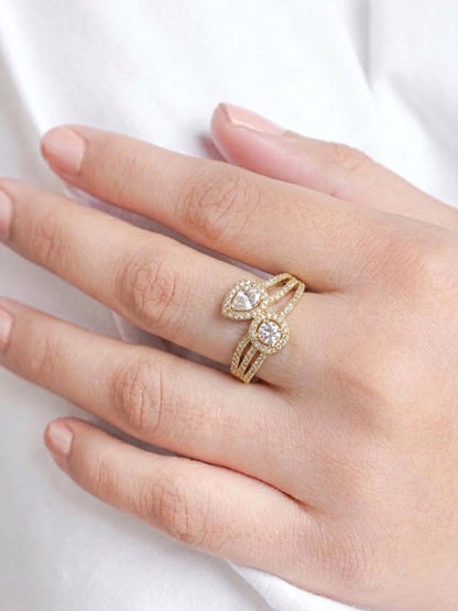 Norela Diamond Soltaire Pear Round - Cut Pave Line Halo Layered Crossover 18K Gold Plated Women's Ring