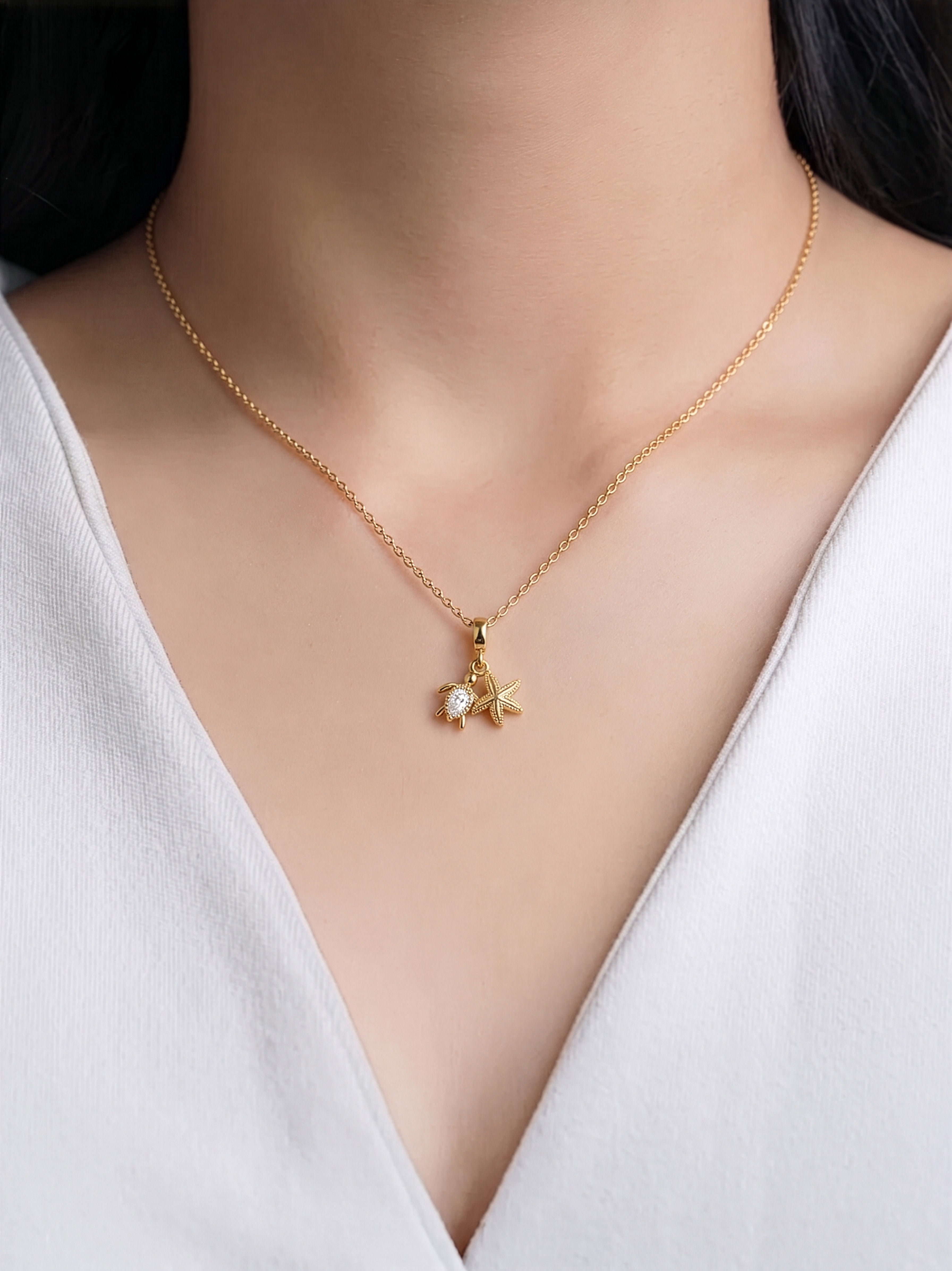 Norique Turtle Star Fish Charm 14K Gold Plated Women's Chain Pendant Necklace