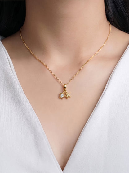 Norique Turtle Star Fish Charm 14K Gold Plated Women's Chain Pendant Necklace