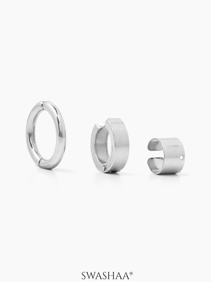 Nox Trio Stack Silver Men's Hoop Earrings Set