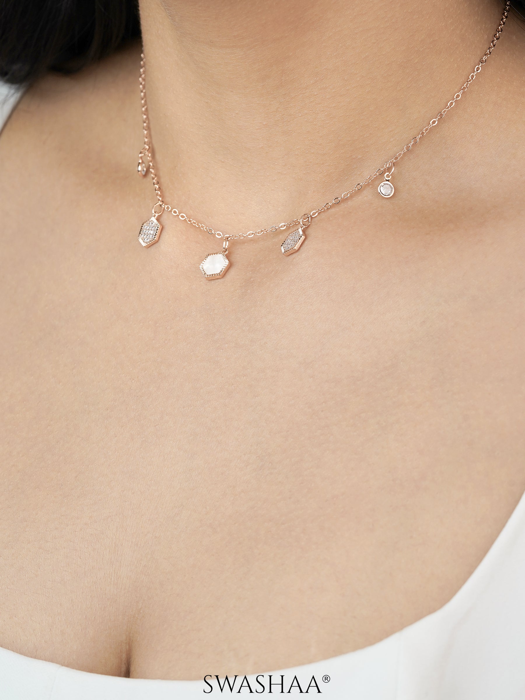 Oadira Pearl Hexagon Charms Rosegold Plated Choker Necklace